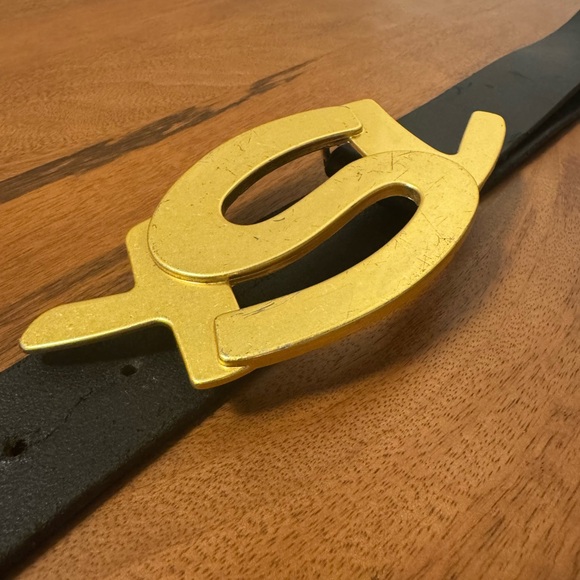 YSL Yves Saint Laurent Belt Brass Logo Black Leather - Picture 5 of 13